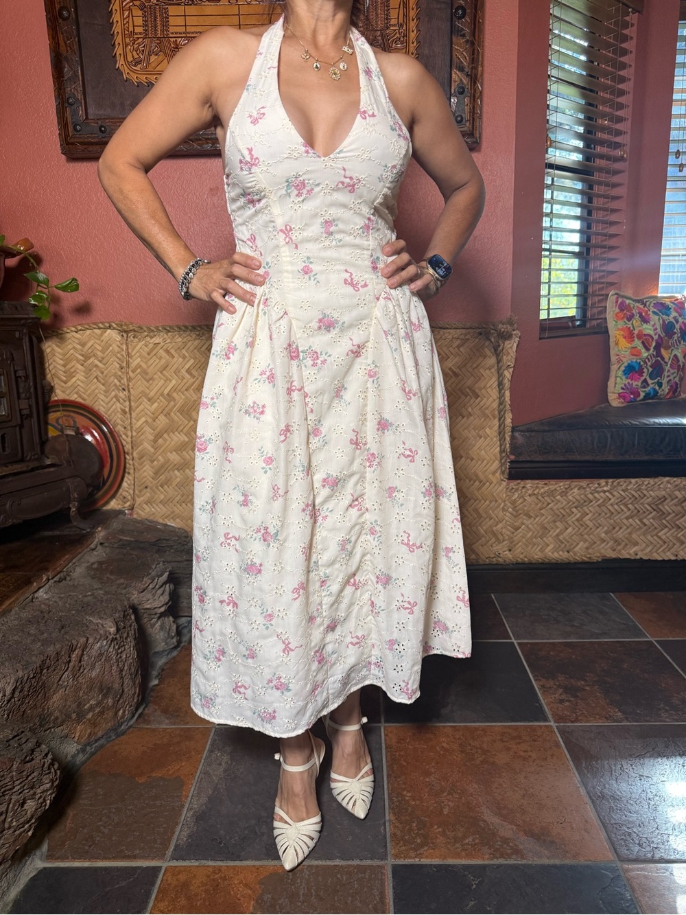 Women’s White Halter Midi Dress with Pink Floral Print - Picture 1 of 7